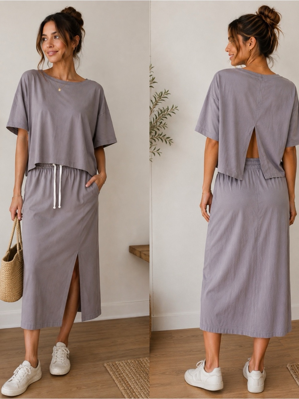 Free‑Est 100% Cotton Lounge Top Skirt Set – Taupe Gray (Size S‑P)